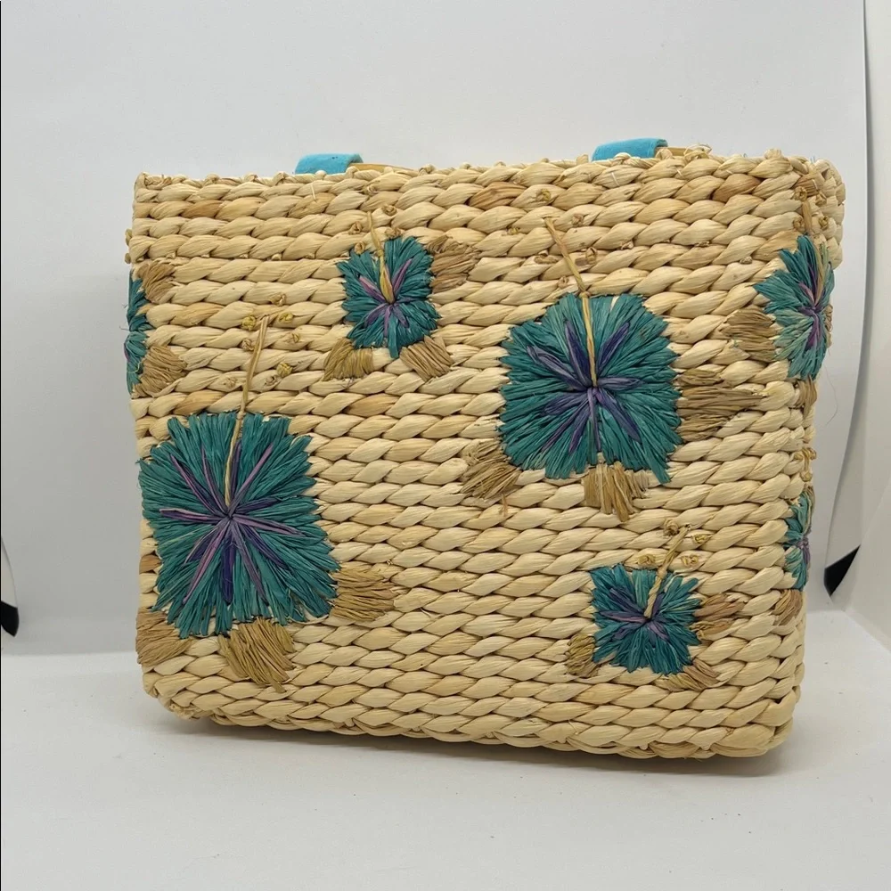Faded glory Straw Tote Bag with Floral Accents